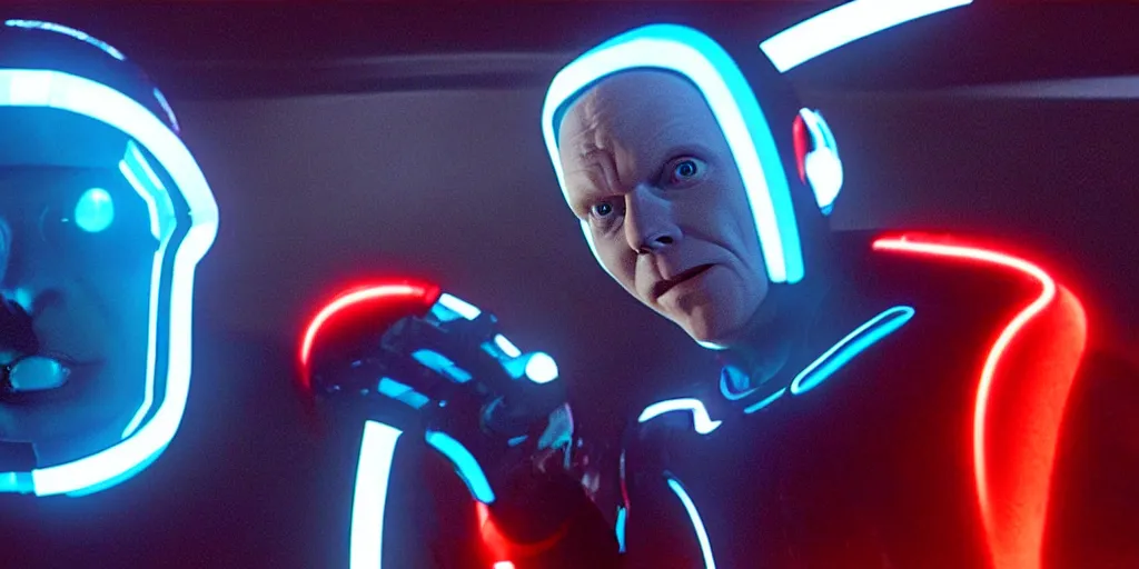 Image similar to a film still of Bill burr in Tron, high quality
