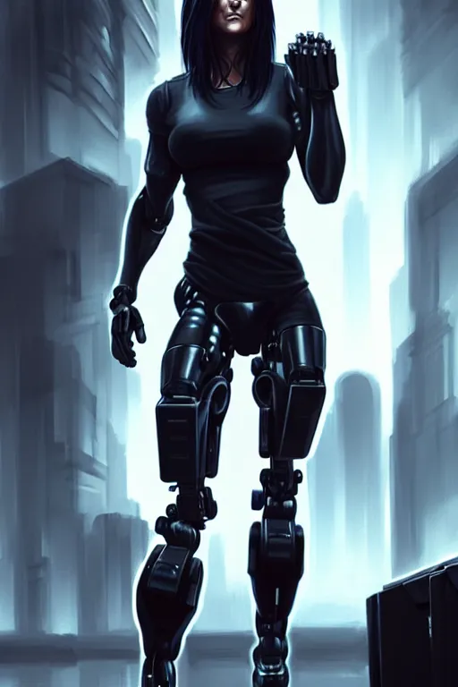 Image similar to gina carano with robotic left arm, casual black clothing, muscular, realistic proportions, casual pose, large portrait, cyberpunk, shadowrun, rpg character, digital painting, artstation, concept art, smooth, 8 k frostbite 3 engine, ultra detailed, art by artgerm and greg rutkowski and magali villeneuve