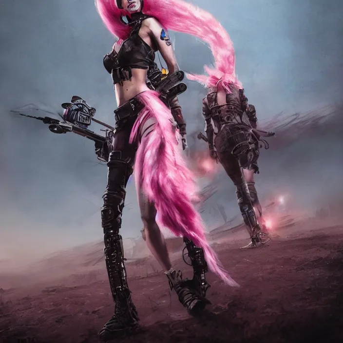 Image similar to beautiful apocalyptic woman with pink Mohawk, standing on mad max panzer tank, 4k ultra hd, fantasy dark art, tank girl, artstation, octane render, elegant, detailed digital painting