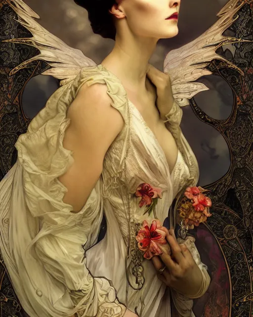 Image similar to wlop and alfons mucha detailed portrait digital rococo painting of a beautiful serious villainess wearing fantasy clothing like liliana vess, villainess has black angel wings, evil mood, hellish battlefield in the background, unreal engine, embers flying, hyper realism, realistic shading, cinematic composition, blender render, octane render, ultrawide shot