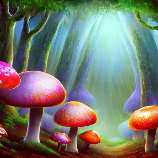 Prompt: magical mushroom forest, digital drawing, fantasycore, paintpro, artstation award winning, cozy, soft colors