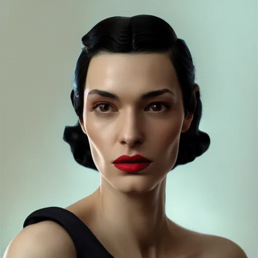 Image similar to A videogame portrait of a Spanish young woman in her 40's with high cheekbones. Good bone structure. Dressed in 1940s style. Highly detailed, fine Art, high detail, great lighting, 8k resolution, masterpiece, concept art, illustration, clear eyes, painting oil on canvas, octane render, HDR, trending on artstation, 4k, 8k, HD