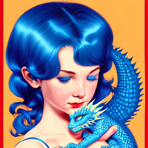 Image similar to head and shoulders portrait of a girl with blue hair and her cute baby dragon, illustration, medium shot, intricate, elegant, highly detailed, digital art, ffffound, art by gil elvgren and sachin teng