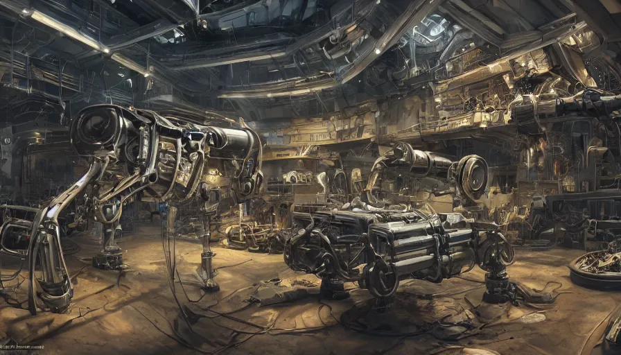 Image similar to the inside of a futuristic mechanic spaceshop coc, highly detailed interior, scrap metal on workbenches, half - finished robot, holographic screen in center frame by peter mohrbacher, cryengine render, hyper realism, realistic shading, cinematic composition, realistic render, octane render, detailed textures, photorealistic, wide shot, fanciful, colorful