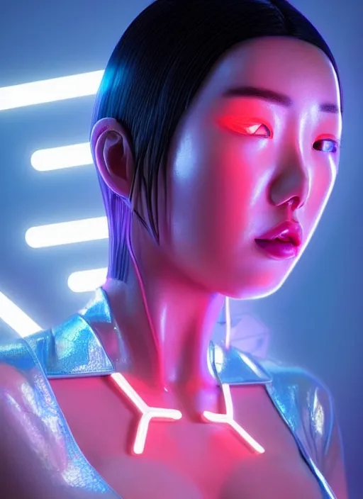 Image similar to a sensual asian female humanoid with freckled cheeks, cyber neon lighting, futurism, intricate futuristic jewelry accessories, cyberpunk glossy white latex swimsuit, profile posing, hyper photorealistic, crispy quality, digital photography, trending in artstation, trending in pinterest, cinematic, 4 k ultra hd, art by pascal blanche, art by greg rutkowski,