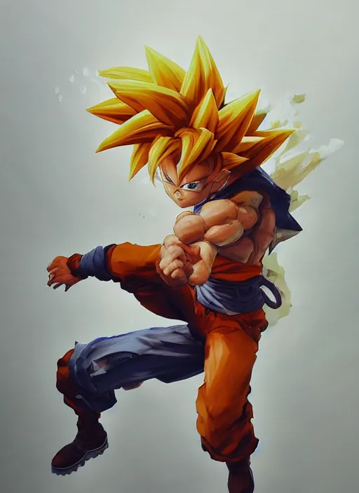 Image similar to semi reallistic gouache gesture painting, by yoshitaka amano, by ruan jia, by Conrad roset, by dofus online artists, detailed anime 3d render of goku KID super Saiyan, young goku blond, portrait, cgsociety, artstation, rococo mechanical, Digital reality, sf5 ink style, dieselpunk atmosphere, gesture drawn