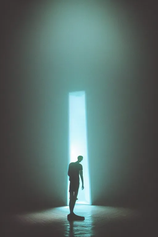 Image similar to kodak ultramax 4 0 0 photograph of a skinny guy looking into a bright otherworldly swirling glowing portal, back view, vaporwave colors, grain, moody lighting, moody aesthetic,