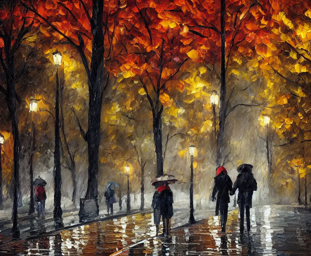 Prompt: a couple walking in the park, oil painting, night time, new york city, trees, fall season, rain, wet walkway, park bench, street lights, soft tones