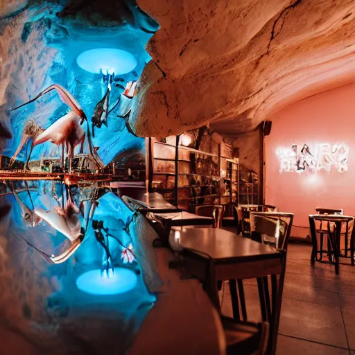 Image similar to cinematic photo of a beautiful albino praying mantis lit with saturated split colour blue and dusty pink lighting serving drinks in a grotto restaurant