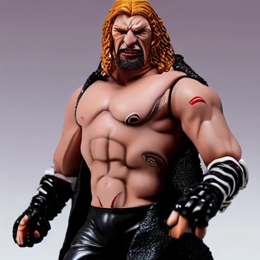 Prompt: Full body shot of a highly detailed flexible Triple H vinyl plastic figurine as a villain, white background, 3d, high quality, depth of field, high contrast, 8k, concept art, smooth, sharp focus, highly detailed, wrestling, WWE
