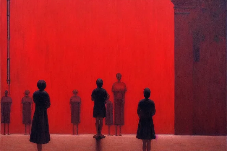 Image similar to only with red, crowd cheering at the sight of a painting, in a city square, in the style of beksinski, parts by edward hopper, parts by rodcenko, parts by yue minjun, intricate and epic composition, red by caravaggio, insanely quality, highly detailed, masterpiece, red light, artstation, 4 k