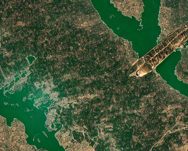 Image similar to satellite view of a town shaped like an alligator