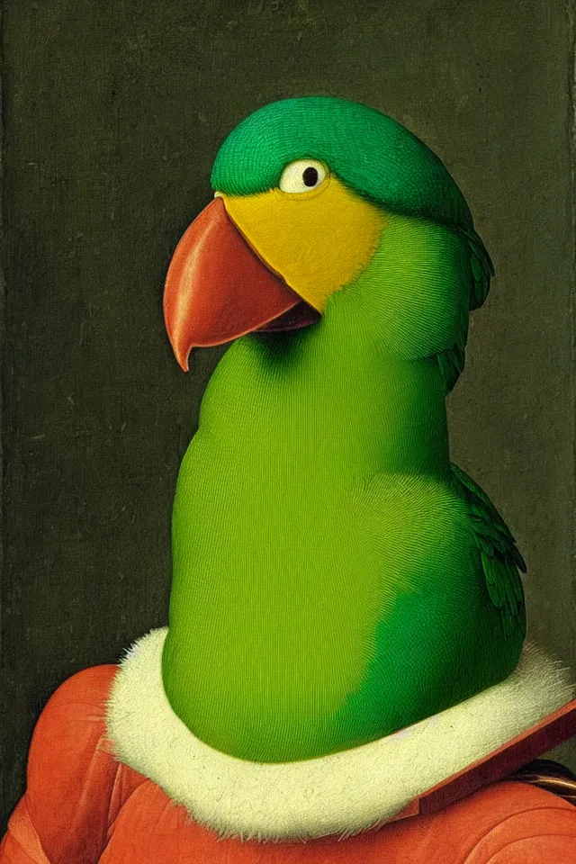 Prompt: a renaissance portrait of donald duck as a green parrot, beautiful intricate painting