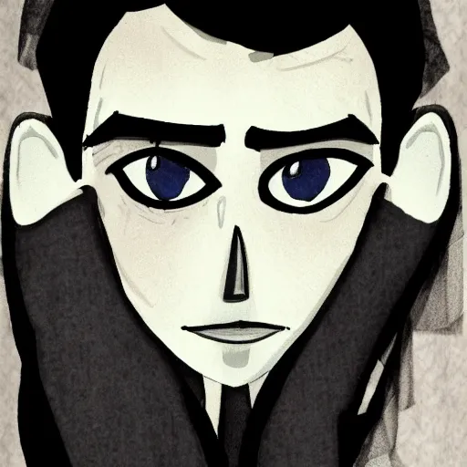 Image similar to young man portrait, black hair, skinny, sleep deprived, corpse bride art style