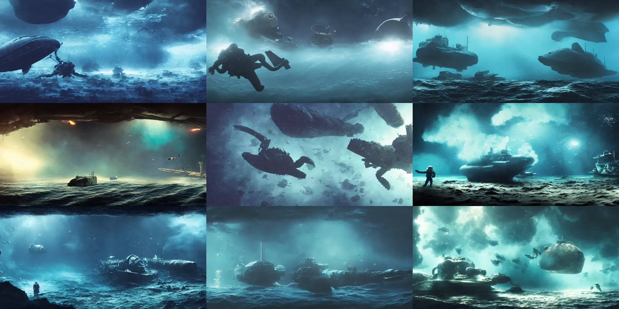 Prompt: astronaut underwater atlantis scene, air bubbles, giant smoke crab, attacked submarine in background, dark, concept art, cinematic, dramatic, atmospheric, peaceful, 8 k, blue, fish, low visibility, fog, ocean floor, by denis villeneuve