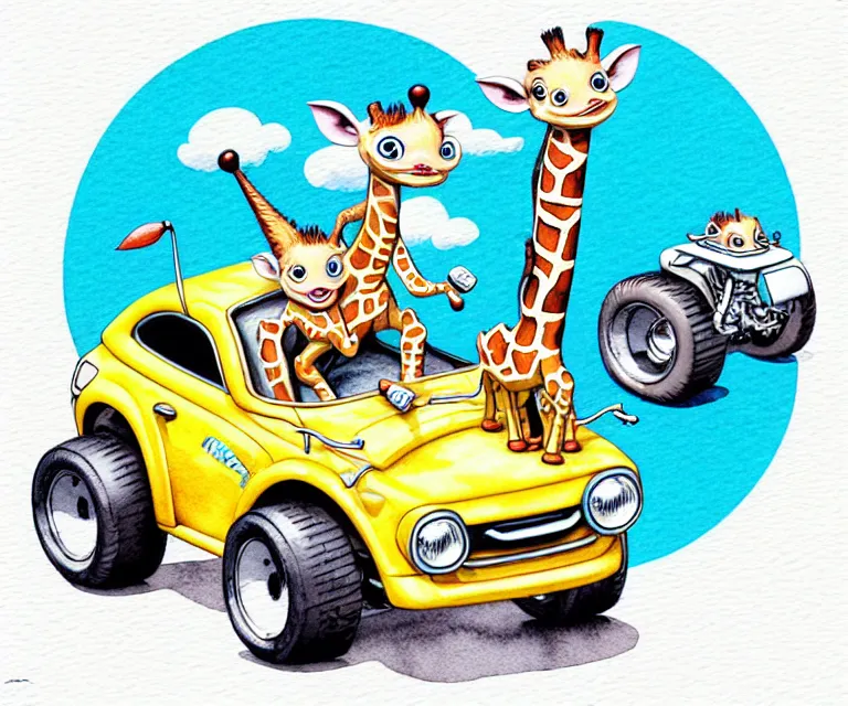 Prompt: cute and funny, baby giraffe wearing a helmet riding in a tiny hot rod with oversized engine, ratfink style by ed roth, centered award winning watercolor pen illustration, isometric illustration by chihiro iwasaki, edited by range murata, tiny details by artgerm and watercolor girl, symmetrically isometrically centered