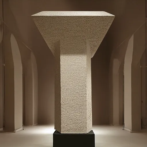 Prompt: single clay museum sculpture, pedestal, pyramidal symbolic representation, in a large hall, ambient lighting, museum catalog photograph