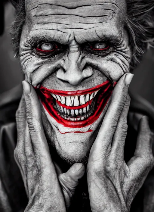 Image similar to photo of Willem Dafoe as the Joker by Lee Jeffries, big smile, detailed, award winning, Sony a7R