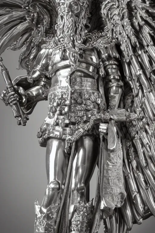 Image similar to a cinematic view of a ornated intricate gothic sacred statue of saint george made in light concrete, with few ornaments in shiny polished chrome, sculpted by gaudi