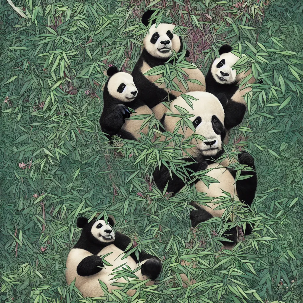Prompt: gigantic panda with a lot of glass details, a lot of exotic vegetation, trees, flowers, dull colors, in the foggy huge forest, by moebius, junji ito, tristan eaton, victo ngai, artgerm, rhads, ross draws, hyperrealism,