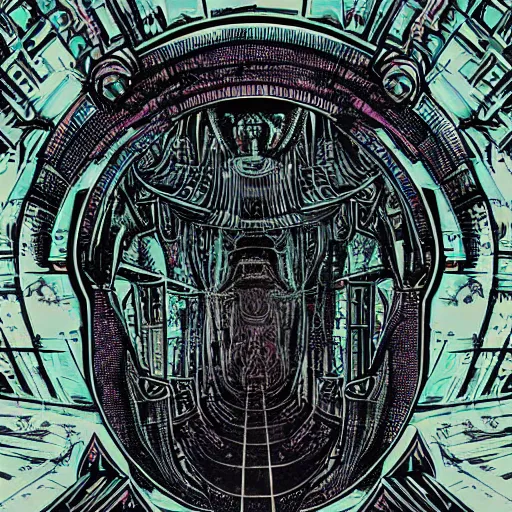 Prompt: ancient ruins in the style of h.r. Giger synthwave silkscreened tshirt art | stargate | full moon