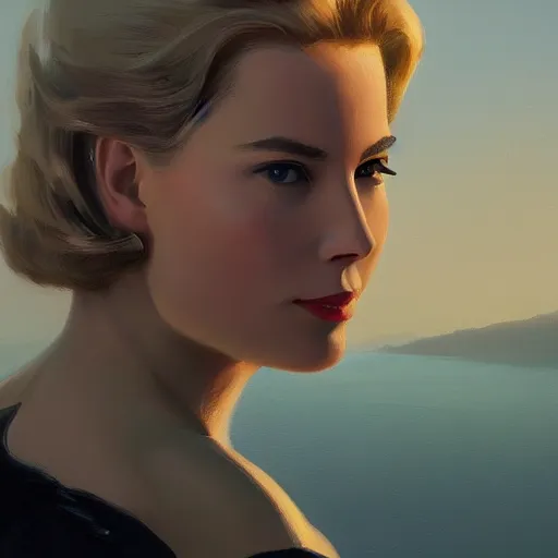 Image similar to a closeup portrait of a grace kelly, dramatic light, lake background, sunset, high contrast, sharp, painted by stanley lau, painted by greg rutkowski, painted by stanley artgerm, digital art, trending on artstation