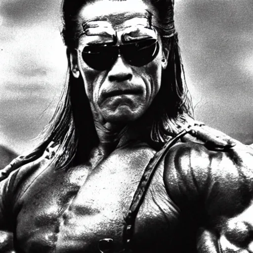 Prompt: Arnold Schwarzenegger as samurai , an film still