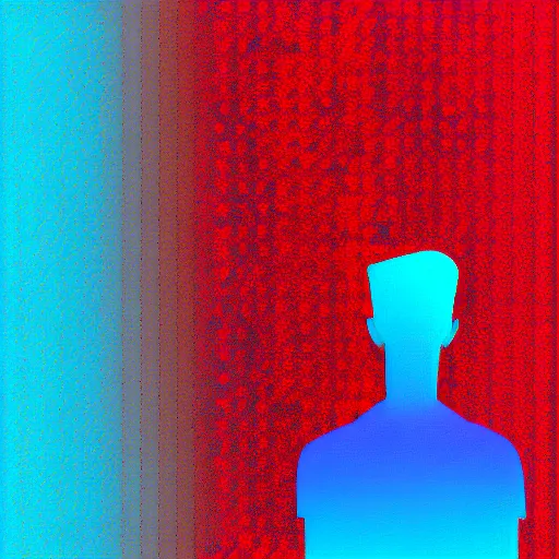 Image similar to symmetrical blue and red, mysterious man looking at a distant machine in fog, vector, minimal, abstract, many details
