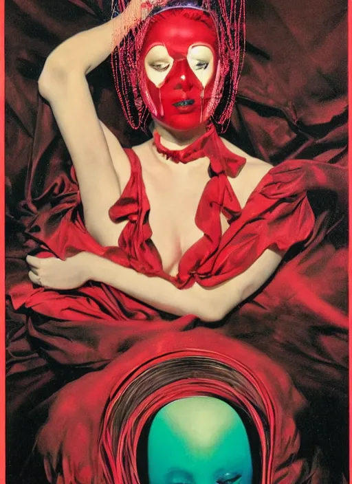 Image similar to an 8 0 s portrait of a woman with dark eye - shadow and red lips with dark slicked back hair, a mask made of wire and hanging beads, dreaming acid - fueled hallucinations, psychedelic by serge lutens, rolf armstrong, delphin enjolras, peter elson, red cloth background, frilled ruffled collar