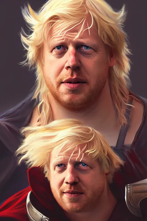 Image similar to Boris Johnson as Thor, Boris Johnson hairstyle, full body realistic portrait, highly detailed, digital painting, artstation, concept art, smooth, sharp focus, illustration, cinematic lighting, art by artgerm and greg rutkowski and alphonse mucha