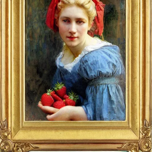 Image similar to A beautiful Blonde Woman with Locks selling strawberries in the style of Jean-Joseph Benjamin-Constant, Portrait