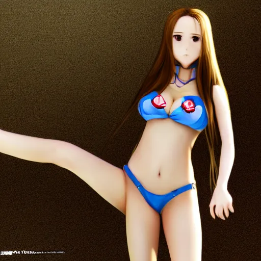 Prompt: a very beautiful young yuuki asuna,, full body, long wavy hair, sky blue eyes, full round face, bikini, miniskirt,, cinematic wallpaper by kentaro miura