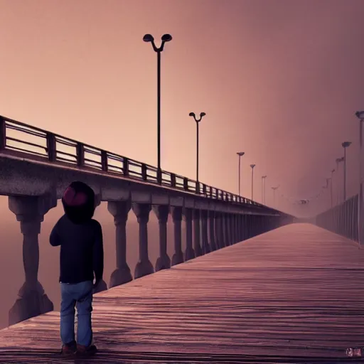 Prompt: a lonely boy on a city bridge looking to the river at night, digital painting, masterpiece, digital art, hyperrealistic, concept art, octane render, unreal engine 5, trending on deviantart, sad atmosphere, centered, anatomically correct, oil painting, high contrast, serene scenery, loneliness, path traced