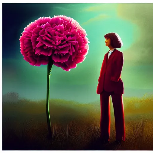 Prompt: giant carnation flower head, girl in suit, surreal photography, sunrise, dramatic light, impressionist painting, digital painting, artstation, simon stalenhag