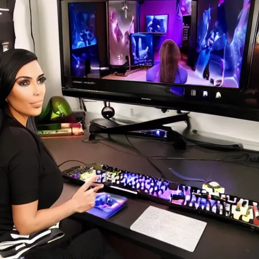 Image similar to live still of kim kardashian as a twitch streamer, gaming room,