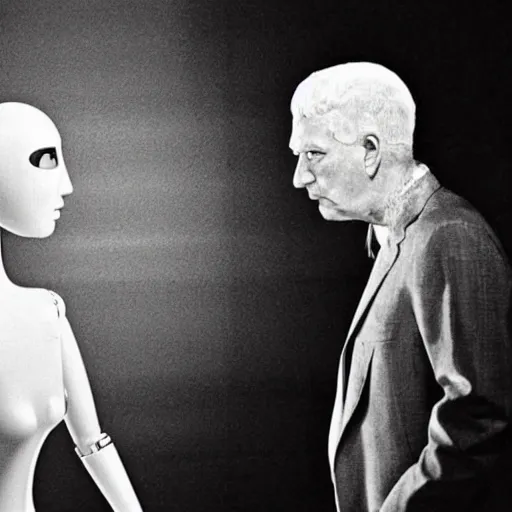 Image similar to movie still of a man and a robot in a moment of jealousy, movie by david lynch