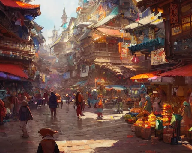 Prompt: colorful, bustling marketplace in a great kitsune city, a fantasy digital painting by Greg Rutkowski and James Gurney, trending on Artstation, highly detailed