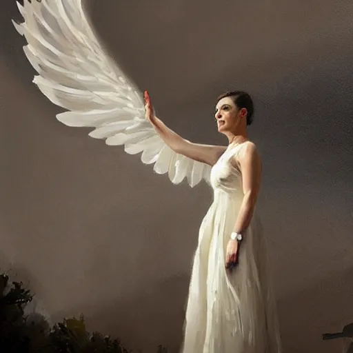 Image similar to Painting by Greg Rutkowski, an opera singer in a white dress with wings on stage