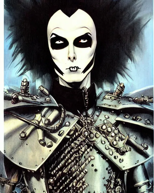 Image similar to portrait of a skinny punk goth klaus nomi wearing armor by simon bisley, john blance, frank frazetta, fantasy, thief rogue