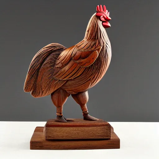 Prompt: wooden sculpture of a miner holding a rooster, polished maple, thoughtful, elegant, real