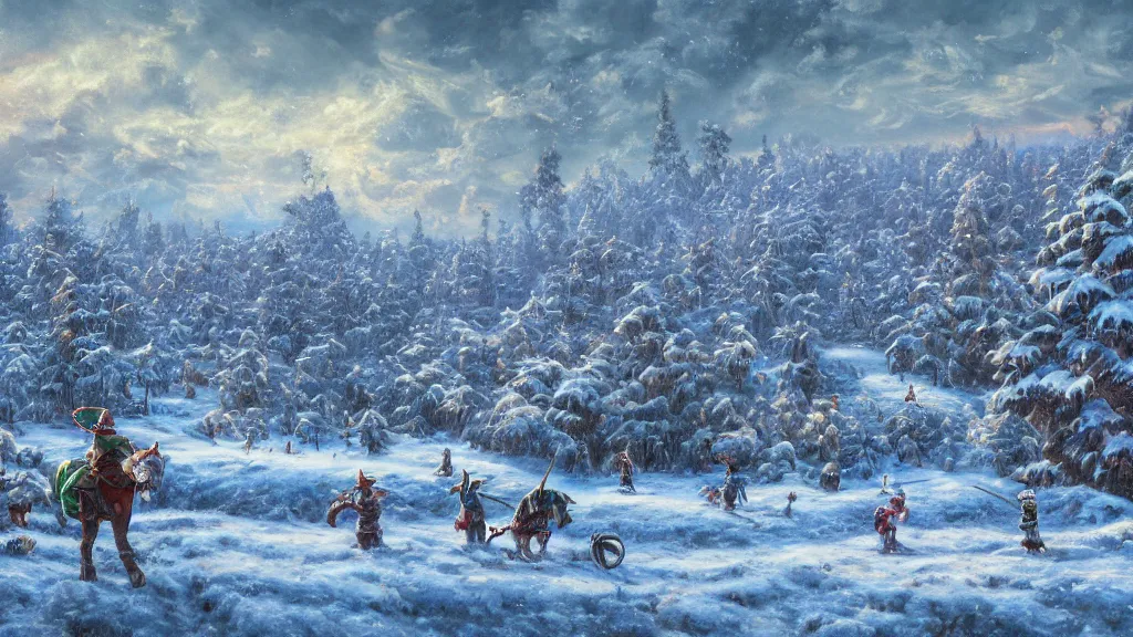 Prompt: a highly detailed, realistic oil painting of Hyrule Field in Winter, snow, intricate, 8k highly professionally detailed, HDR