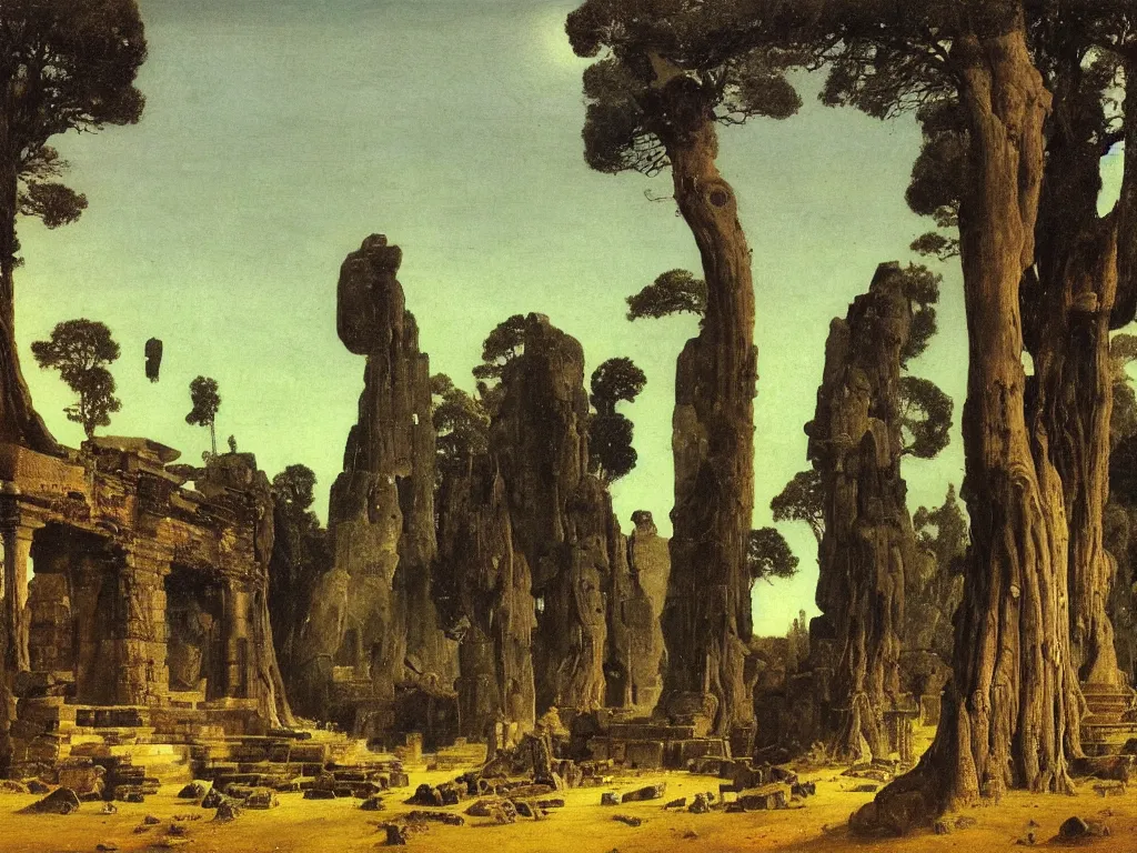 Prompt: Buddhist ruins surrounded by the panthers at night. Starry sky, cypresses in the wind. Painting by Arnold Bocklin, Caspar David Friedrich.
