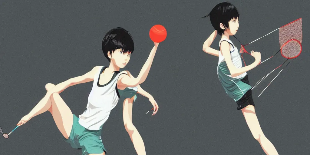 Image similar to illustration of a badminton, realistic body poses, badminton rackets, badminton birdies, by ilya kuvshinov katsuhiro otomo