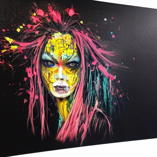 Prompt: ( high definition highly detailed baroque cyberpunk shamaness, varnished oil paint in bright colors on black background with small background color splatters, by katsuhiro otomo ) on a black board