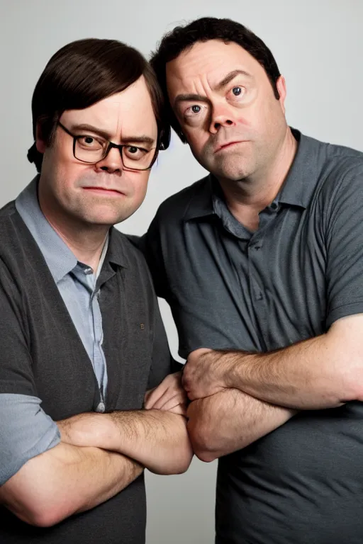 Image similar to portrait photo of dwight schrute and joe lo truglio, close up, high quality, studio lighting, sigma 8 5 mm f / 1. 4