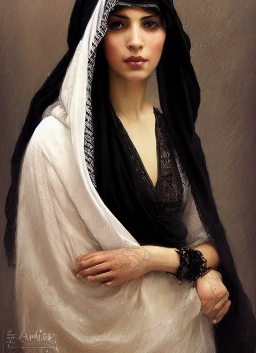 Prompt: arab Ameera al-Taweel, crystal blue eyes, wavy black hair, tanned skin, white veil, intricate, elegant, highly detailed, artstation, concept art, sharp focus, ruan jia, jurgens, orientalism, bouguereau