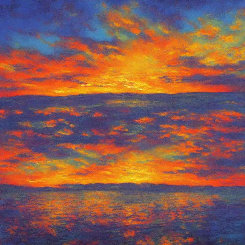 Image similar to an impasto oil painting of a stunning, colorful sunset painted by ken hong leung, pastel colors, complementary colors