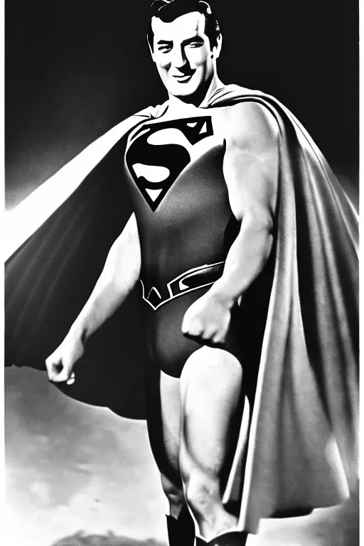 Prompt: rock hudson playing superman in, superhero, dynamic, 3 5 mm lens, heroic, studio lighting