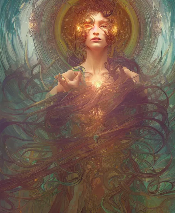 Image similar to a whirlwind of souls ushing inside the metaverse, half body, glowin eyes, d d, fantasy, intricate, elegant, highly detailed, colorful, vivid color, digital painting, artstation, concept art, art by artgerm and greg rutkowski and alphonse mucha and ruan jia