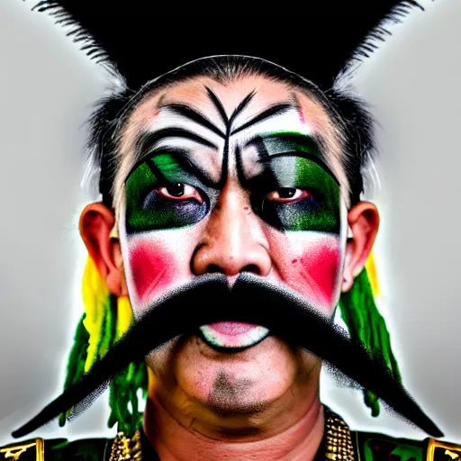 Image similar to photorealistic portrait photograph of a crazy army general with painted face as in chinese peking opera and rastafarian color hair with spikes and rings in pierced face ears and nose like punks